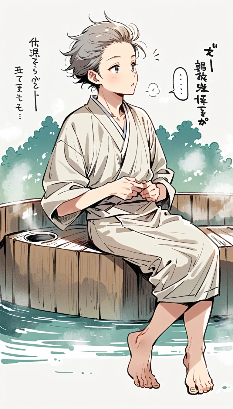 white background, Fujichoco style, man wearing kimono, ((Handsome man), gray hair, ((Spa, sauna)), simple background, Simple line initialism, full body,