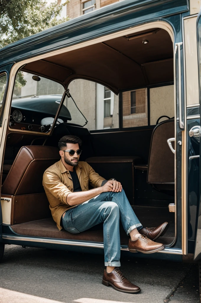 A man sitting in a vintage car 