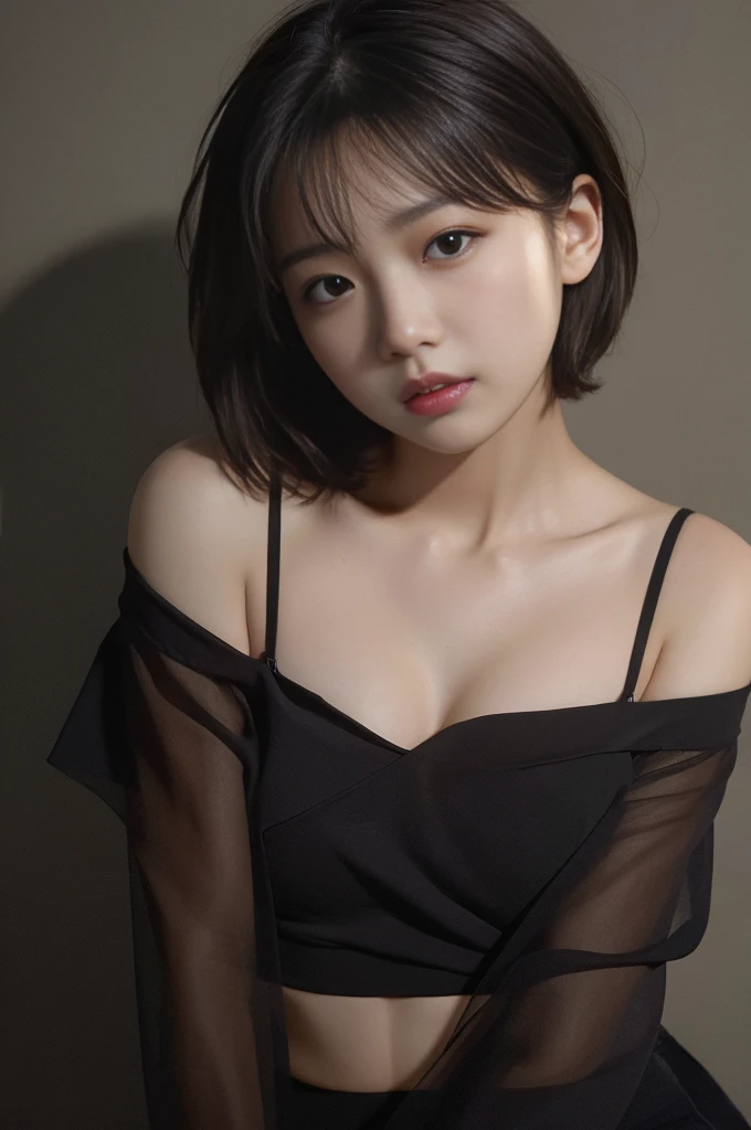 Best quality, masterpiece, ultra high res, (photorealistic:1.5), raw photo, 1girl, offshoulder, in the dark, deep shadow, low key, cold light, sexy look, short hair, front teeth, troubled face,