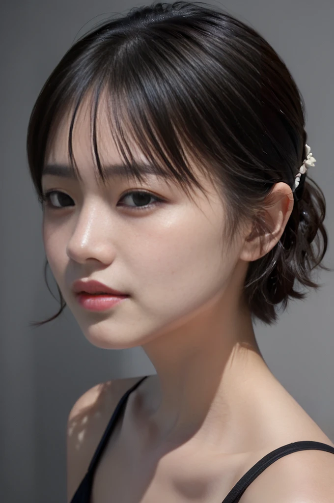 Best quality, masterpiece, ultra high res, (photorealistic:1.5), raw photo, 1girl, offshoulder, in the dark, deep shadow, low key, cold light, sexy look, short hair, front teeth, troubled face,