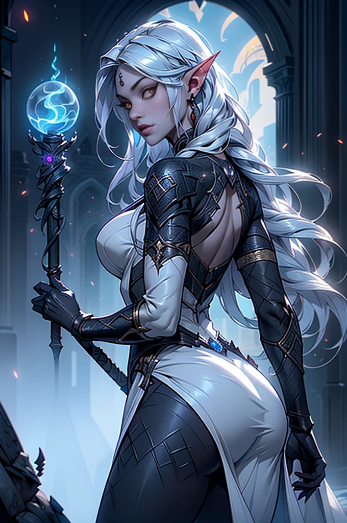 (rear view, backside view),1girl, sexy drow, elfa de peito grande morena skin, pale silver long elaborate braids, ((red eyes)), jewels, elf ears, earrings, ((white sorceress sexy dress)), ((wields staff)), ((cast light magic)), on a roof of scyscraper, athletic, volumetric lighting, best quality, masterpiece, realistic, anatomically correct, (strong cinematic lighting), stunning details, intricate details, 8k post-production, High resolution, super details, trending on ArtStation, sharp focus, depth of field f/1.8, studio photos, (((looking at camera))), ,(Fondo de ruinas de mazmorra en ruinas:1.4 ), (Detalles de la cara: 1.5, ojos azules brillantes, hermoso rostro, ojos bonitos, Contorno del iris, labios delgados: 1.5, Thin, sharp pale eyebrows, Long, dark eyelashes, double tabs),(Obra maestra: 1.4), (8K, realista, foto cruda, La mejor calidad: 1.4),manos perfectas: 1.5