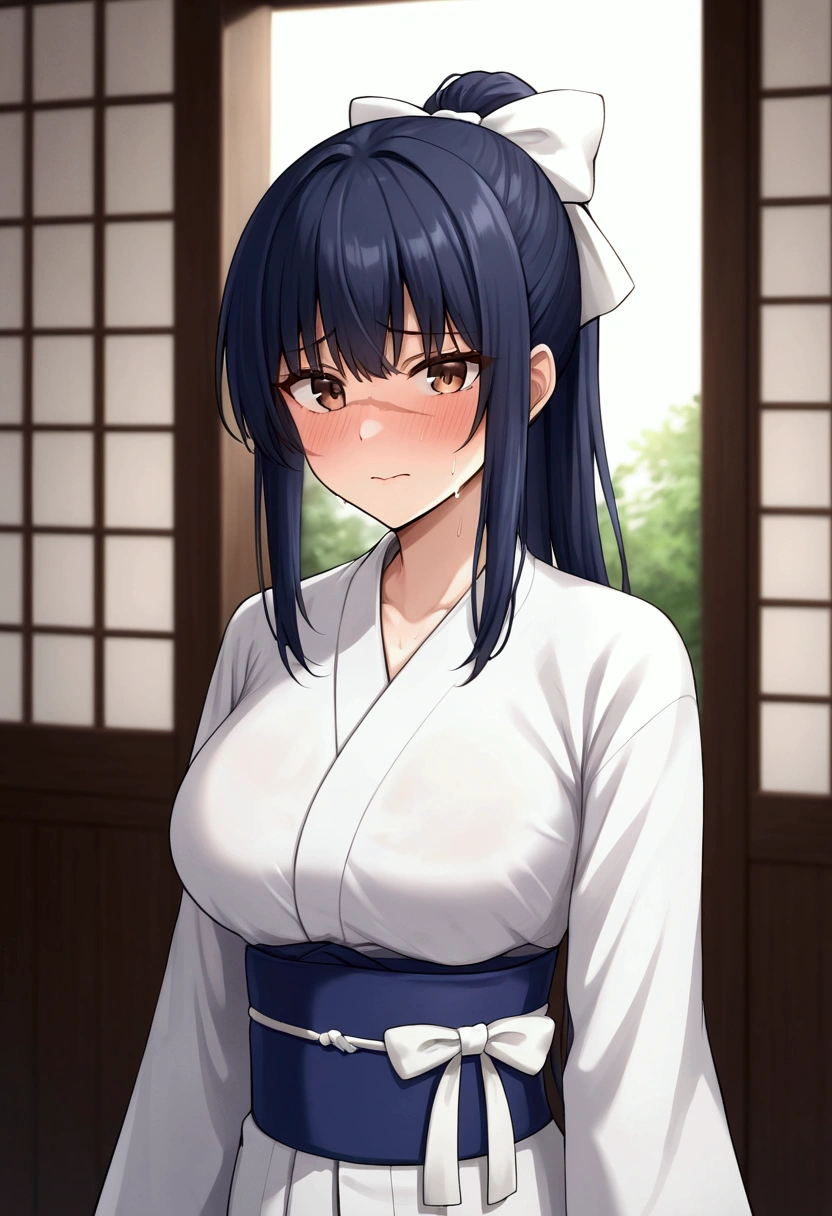 Solo, black hair, long hair, brown eyes, large breasts, narrow waist, hourglass, slim, pov, embarrassed, blushing, japanese clothes, looking at viewer, long hair, closed mouth, ponytail, sbow, kimono, hair bow, white kimono, scar, miko, upper body, white bow, blue hair, bangs, ribbon, sweat, bedroom, white ribbon, sidelocks, hair ribbon, scar on face,