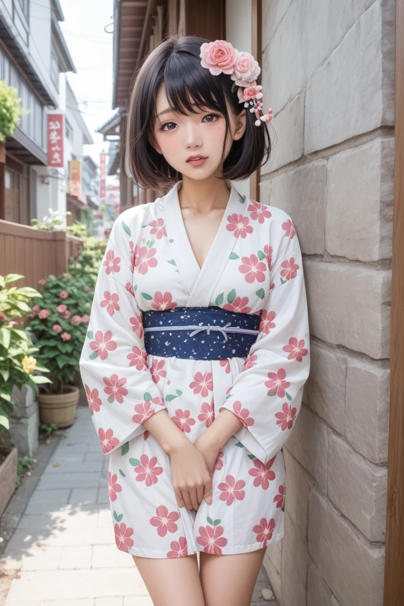 score_9,score_8_superior,score_7_superior,8k, High resolution, 5 years old、beautiful girl, bright black hair, Thin Hair, Small face, cute、Highest quality,Japanese face、small mole on the corner of the eye,((Puffy eyes))、(superior目づかい)、Short Bob、Riverbank、口角superiorがる、Beautiful legs、Flower Hair Ornaments、sexy、Sensual、Blushing、A yukata with a white background and bright red, blue and black floral patterns scattered throughout
