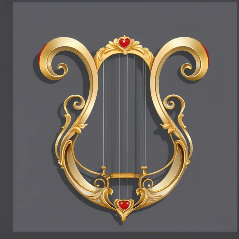 a golden harp with a red heart on a gray background, harp, with an harp, Baroque elements, Gorgeous and flowing, Musical Instruments, Guitar concept art, Art Nouveau masterpiece, Baroque的物品, decorative, Art Nouveau, baroque and Rococo decorations, elegant and Gorgeous, Gorgeous, Gorgeous and elegant, Baroque, Art Nouveau ornament, Rococo decoration