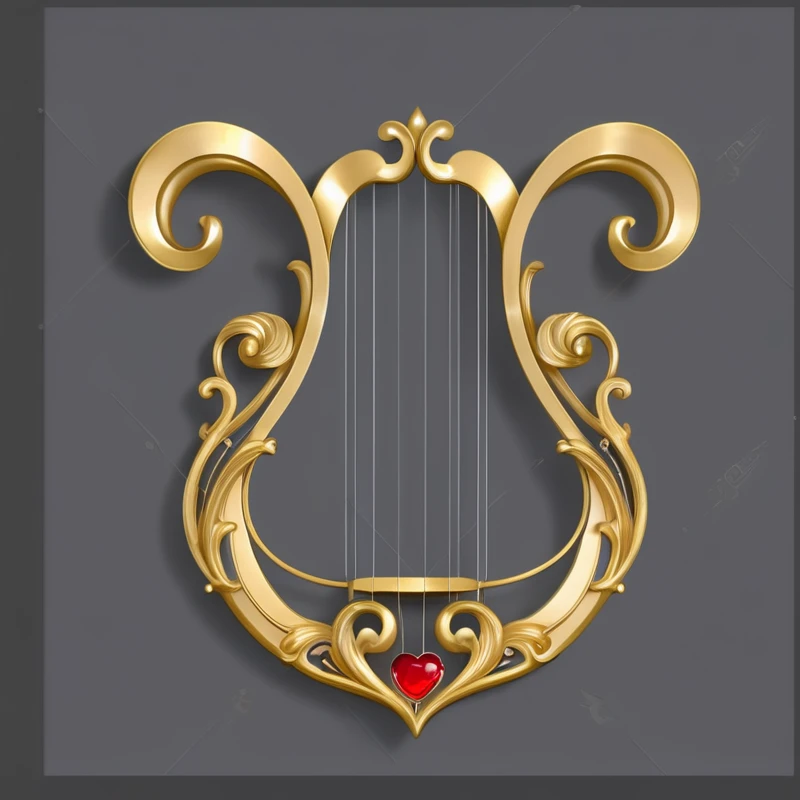 a golden harp with a red heart on a gray background, harp, with an harp, Baroque elements, Gorgeous and flowing, Musical Instruments, Guitar concept art, Art Nouveau masterpiece, Baroque的物品, decorative, Art Nouveau, baroque and Rococo decorations, elegant and Gorgeous, Gorgeous, Gorgeous and elegant, Baroque, Art Nouveau ornament, Rococo decoration