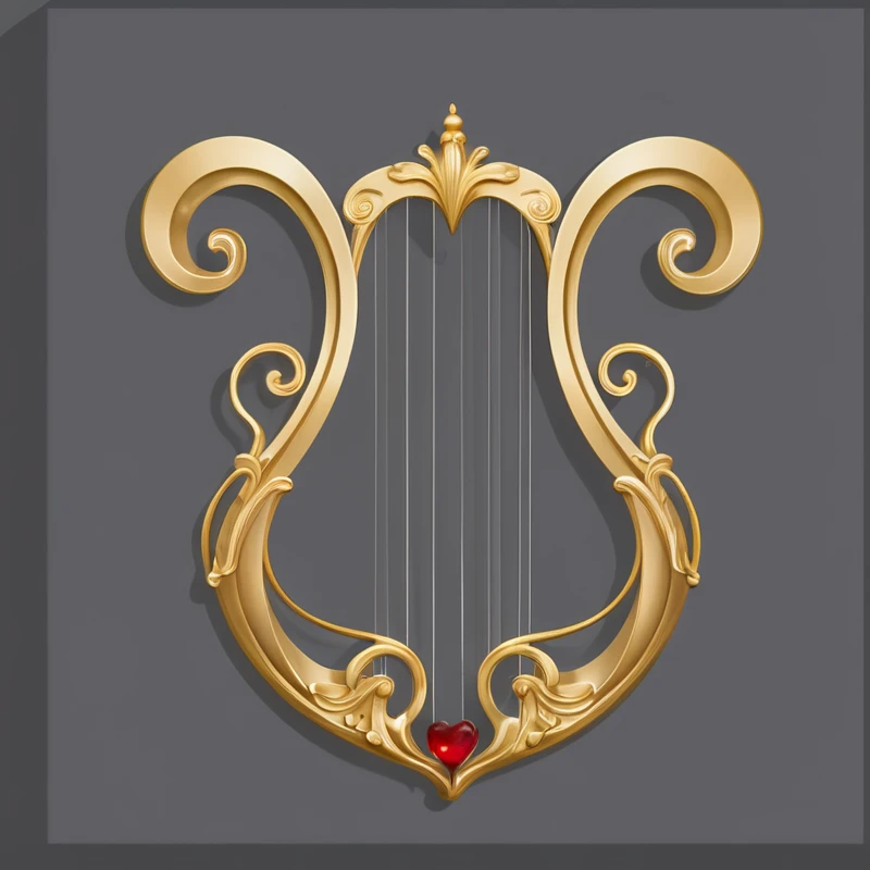 a golden harp with a red heart on a gray background, harp, with an harp, Baroque elements, Gorgeous and flowing, Musical Instruments, Guitar concept art, Art Nouveau masterpiece, Baroque的物品, decorative, Art Nouveau, baroque and Rococo decorations, elegant and Gorgeous, Gorgeous, Gorgeous and elegant, Baroque, Art Nouveau ornament, Rococo decoration