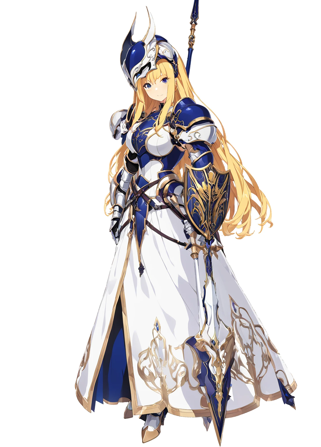 high quality, high resolution, high qualityのゲームアートスタイル, whole body,Valkyrie,perfect hand,Official Art, Smooth game CG art, Visual Novel Sprites, White background,Smooth game CG art, (((Woman with a long spear))),A woman wearing a white dress and blue armor, An intricately designed helmet with white feathers,Small shield, (((In his right hand he holds an elaborate long spear))),Exquisite Blue Armor,Golden Hair, long hair, female knight, Rin々Shii,Large Bust,20-year-old,