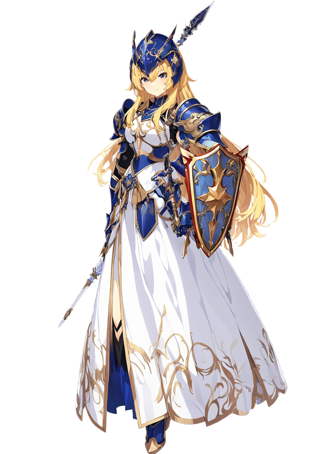 high quality, high resolution, high qualityのゲームアートスタイル, whole body,Valkyrie,perfect hand,Official Art, Smooth game CG art, Visual Novel Sprites, White background,Smooth game CG art, (((Woman with a long spear))),A woman wearing a white dress and blue armor, An intricately designed helmet with white feathers,Small shield, (((In his right hand he holds an elaborate long spear))),Exquisite Blue Armor,Golden Hair, long hair, female knight, Rin々Shii,Large Bust,20-year-old,