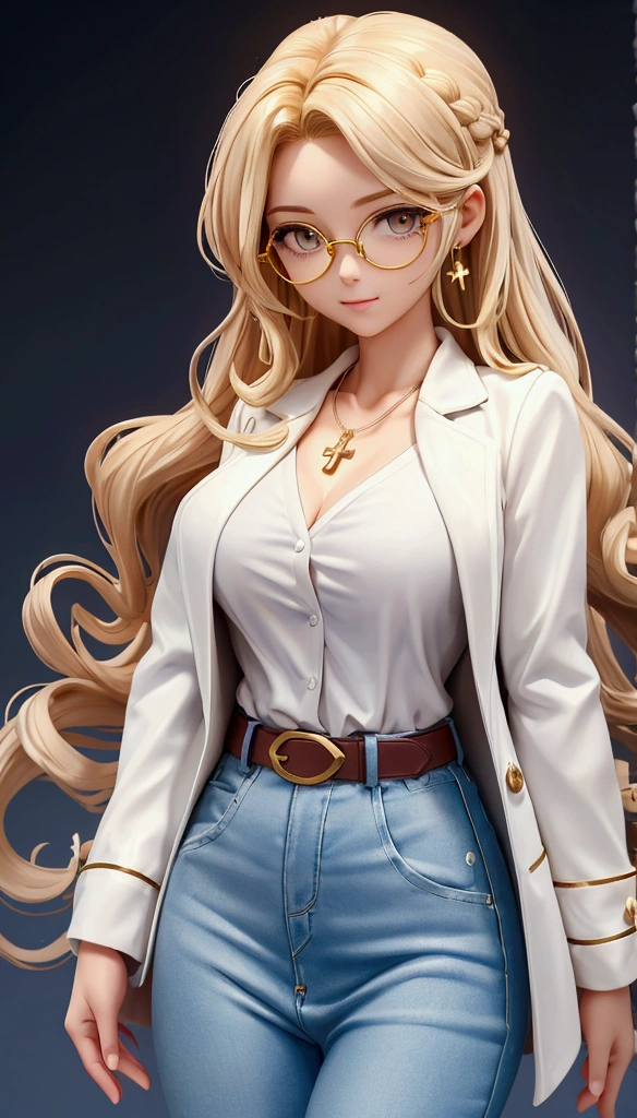 Create a character named Olivia, a 20-year-old aromatherapist specializing in essential oils, with 1,70 meters high and 50kg, white. golden blonde with wavy hair. side hairstyle, at shoulder height, Brown eyes , wears round brown glasses, she is gentle and delicate, wears a light blue shirt, blue jeans with a brown belt and a white long-sleeved doctor&#39;s coat. she has a golden wedding ring on her left ring finger and wears a necklace with a golden crucifix. make her look at the camera, com fundo branco.