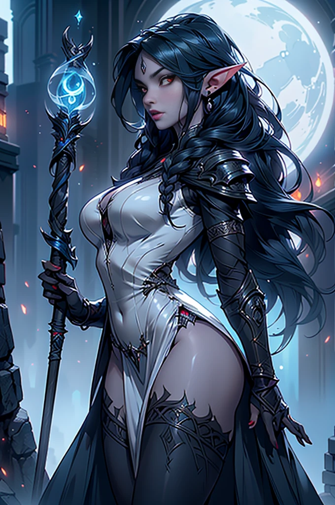 (rear view, backside view),1girl, sexy drow, elfa de peito grande morena skin, pale silver long elaborate braids, ((red eyes)), jewels, elf ears, earrings, ((white sorceress sexy dress)), ((wields staff)), ((cast light magic)), on a roof of scyscraper, athletic, volumetric lighting, best quality, masterpiece, realistic, anatomically correct, (strong cinematic lighting), stunning details, intricate details, 8k post-production, High resolution, super details, trending on ArtStation, sharp focus, depth of field f/1.8, studio photos, (((looking at camera))), ,(Fondo de ruinas de mazmorra en ruinas:1.4 ), (Detalles de la cara: 1.5, ojos azules brillantes, hermoso rostro, ojos bonitos, Contorno del iris, labios delgados: 1.5, Thin, sharp pale eyebrows, Long, dark eyelashes, double tabs),(Obra maestra: 1.4), (8K, realista, foto cruda, La mejor calidad: 1.4),manos perfectas: 1.5