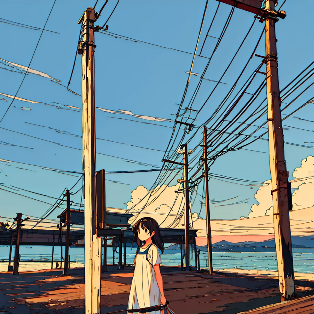 Plain background, girl in , simple, summer, nostalgic, utility pole