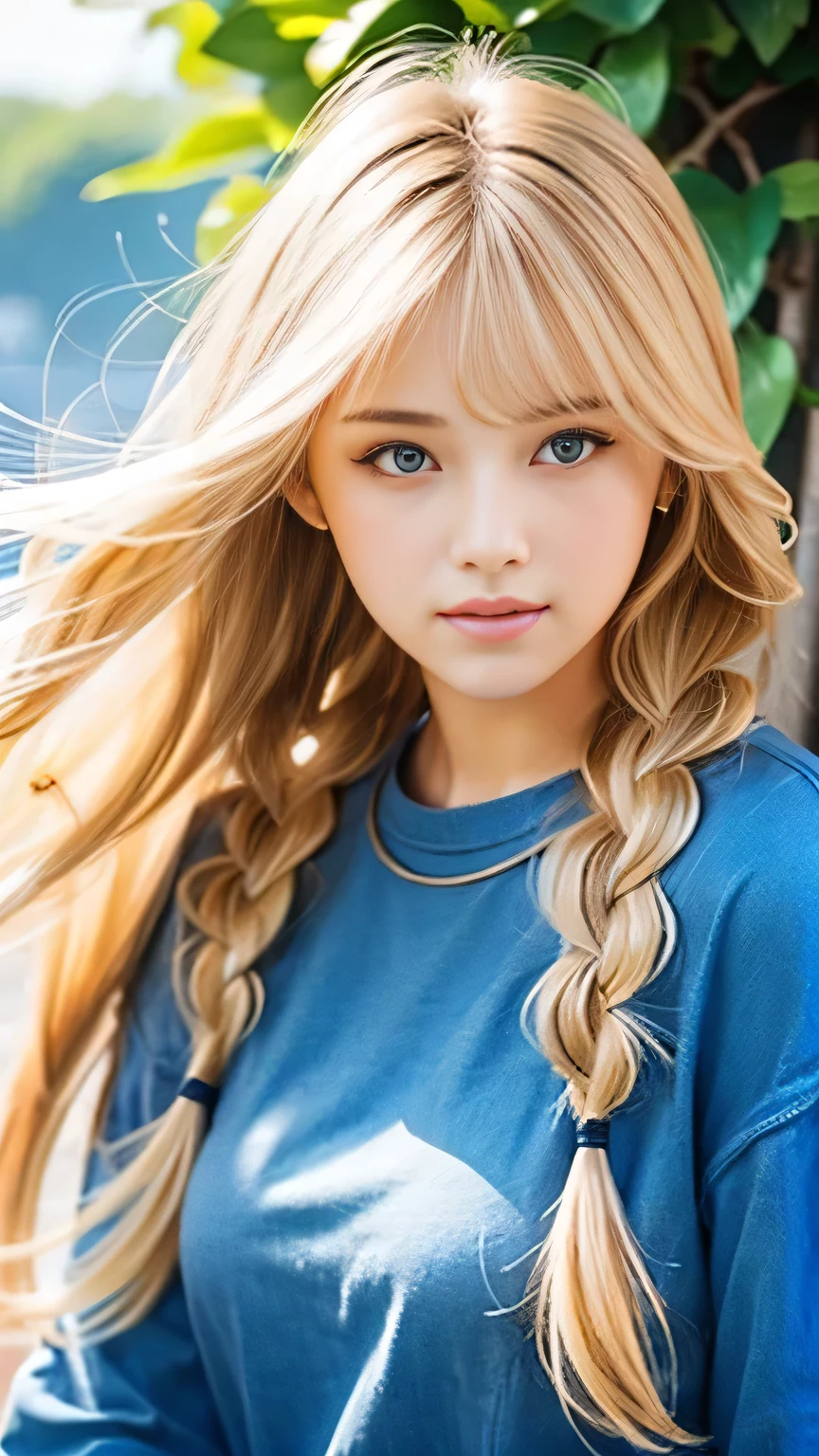 Sexy Big 、Sexy cute looks and cute 15 year old beautiful girl, beautiful and sexy face、A strong wind blows my hair in front of my face、beautiful long blonde French braided hair、beautiful, Cute and sexy eyes hidden behind long bangs