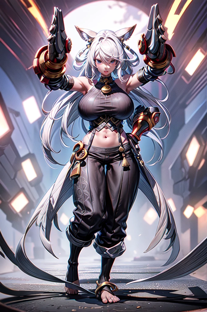 qi_aov_new, 1girl, solo, grey eyes, grey hair, bangs, long hair, hair ornament, breasts, large breasts, looking at viewer, blue eyes, white background, animal ears, bare shoulders, standing, white hair, , pants, black pants, armor, lips, gauntlets, jewelry, braid, toes, anklet, tail, ass, realistic, (masterpiece),((ultra-detailed)), (highly detailed CG illustration),(expressionless), (best quality:1.2)