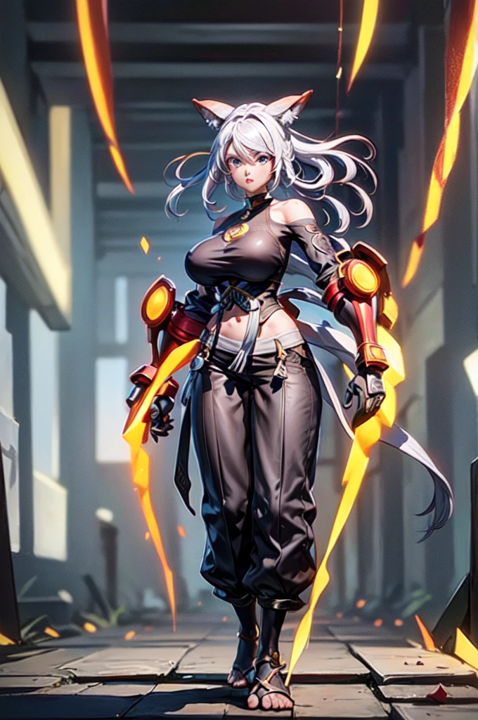 qi_aov_new, 1girl, solo, grey eyes, grey hair, bangs, long hair, hair ornament, breasts, large breasts, looking at viewer, blue eyes, white background, animal ears, bare shoulders, standing, white hair, , pants, black pants, armor, lips, gauntlets, jewelry, braid, toes, anklet, tail, ass, realistic, (masterpiece),((ultra-detailed)), (highly detailed CG illustration),(expressionless), (best quality:1.2)