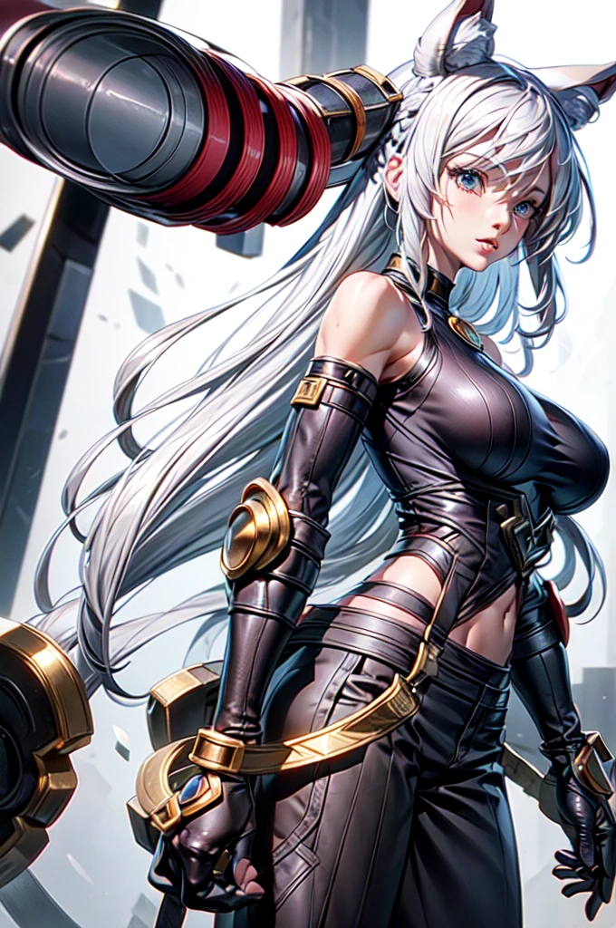 qi_aov_new, 1girl, solo, grey eyes, grey hair, bangs, long hair, hair ornament, breasts, large breasts, looking at viewer, blue eyes, white background, animal ears, bare shoulders, standing, white hair, , pants, black pants, armor, lips, gauntlets, jewelry, braid, toes, anklet, tail, ass, realistic, (masterpiece),((ultra-detailed)), (highly detailed CG illustration),(expressionless), (best quality:1.2)