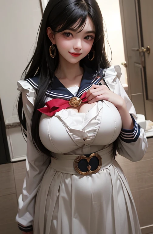 (((Full and soft breasts,)))(((Huge breasts))) (((Cleavage))) (Perfect curvy figure)The overall tone is light High school girl、Sailor Suit、whole body、Standing、Excited face、Smile、ecstasy、photo、masterpiece、best quality、Large Breasts Tight waist、Black Hair、Woman with long hair Round eyes A tall figure、Beautiful woman Sexy young woman、Slender and plump breasts, Round eyes A woman with a very beautiful face Shoot the entire body from below at an angle、whole bodyが写っている、Smile
