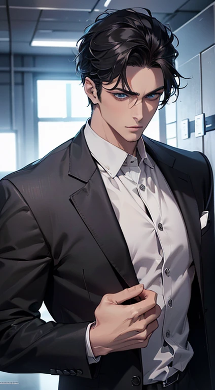(best quality, masterpiece, 8K, photorealistic, cinematic lighting, 1:4 hdr image, top view, ultra detailed, beautiful image), a mature man, very handsome, short black hair, blue eyes, perfect face without errors , ((buttoning his jacket, CEO))