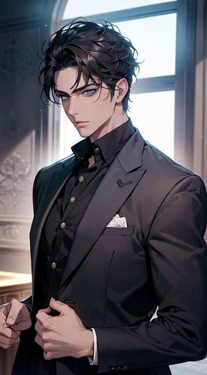 (best quality, masterpiece, 8K, photorealistic, cinematic lighting, 1:4 hdr image, top view, ultra detailed, beautiful image), a mature man, very handsome, short black hair, blue eyes, perfect face without errors , ((buttoning his jacket, CEO))