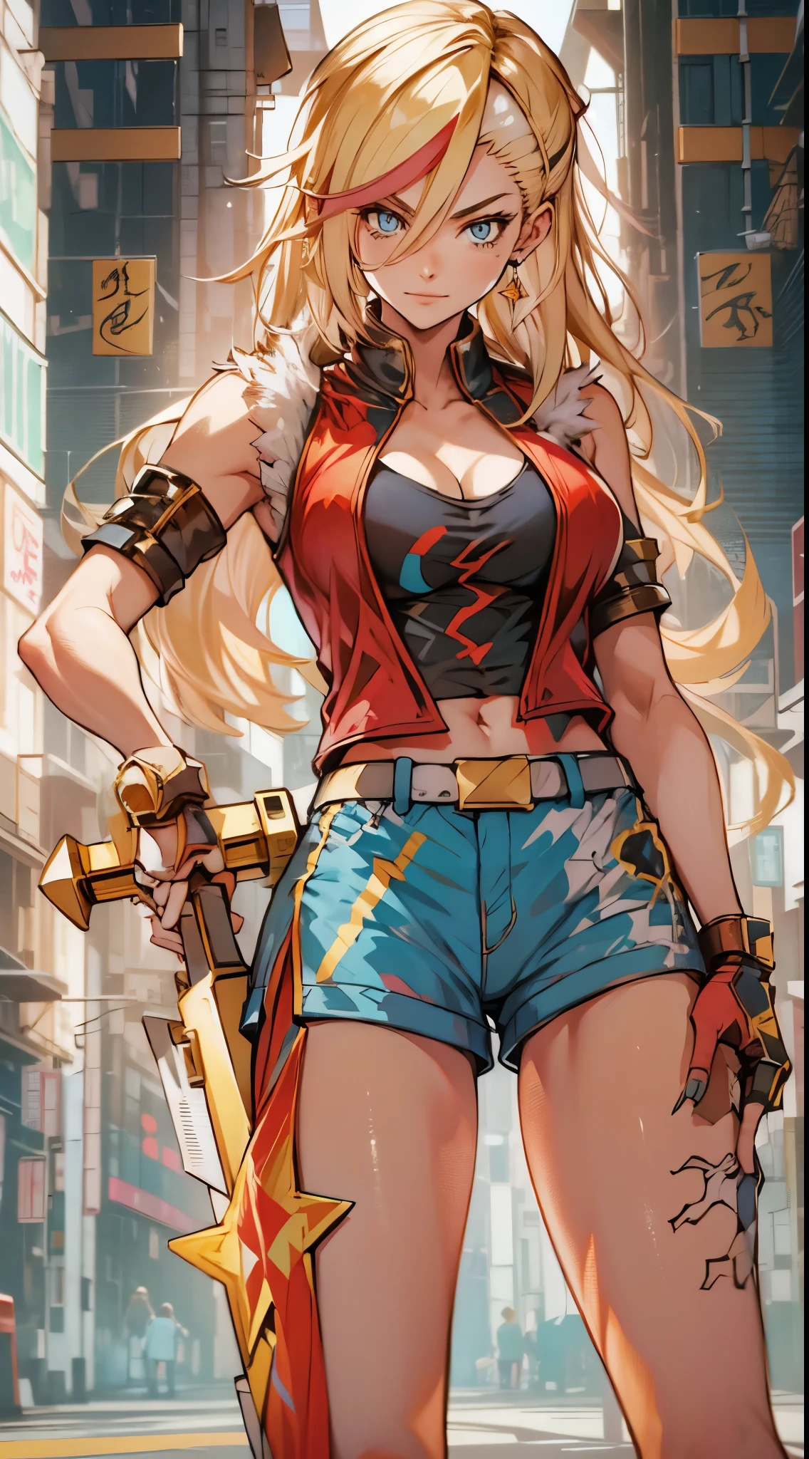 young girl, longue blonde hair, Hairpin with a bundle, turquoise eyes, Yakuza tattoos, red tight uniform, Sleeveless, Wide neckline on the chest to the abdomen, Gold Elements, Red gold armor, Shorts, claws, smirk, Masterpiece, hiquality, 4k, HD, Good detail