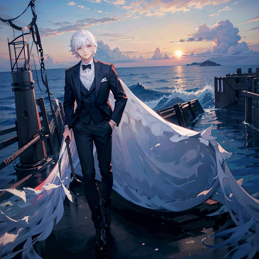 man walking in middle of the ocean, sunset, beautiful scenemy, highly detailed, tuxedo, short white hair, black walking stick, white wings