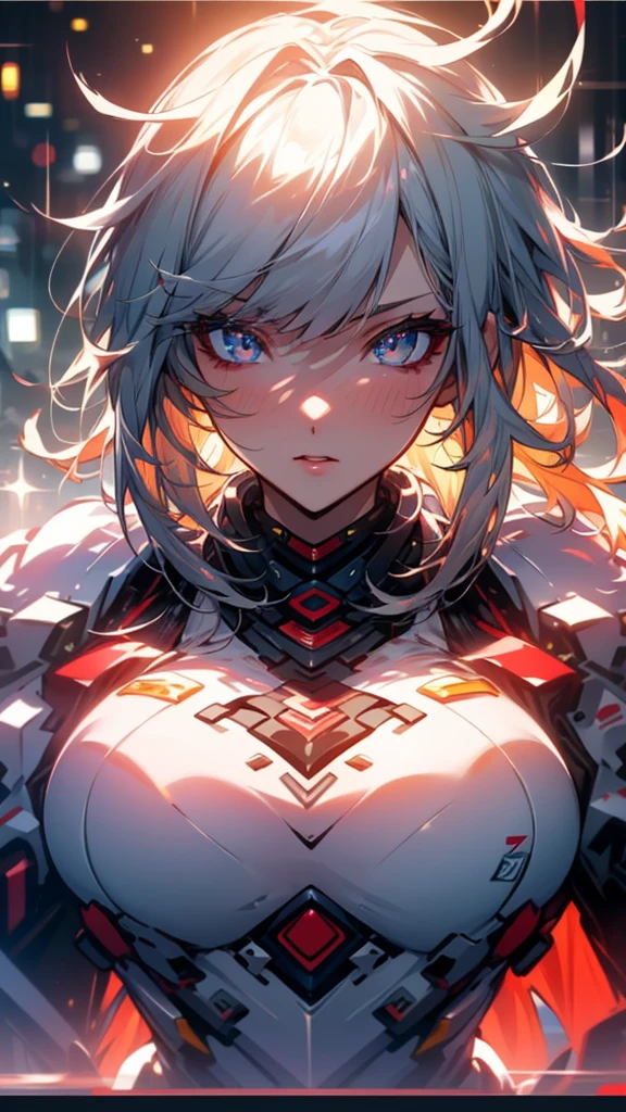 (UHD, retina, masterpiece, accurate, anatomically_correct, textured_skin, super_detail, high_details, high_quality, best_quality, high_res, 1080P, HD, 4K, 8k, 16k), (beautiful_detailed_eyes, beautiful_detailed_lips, extremely_detailed_eyes_and_face), soft_lighting, physically-based_rendering, vivid_colors, (large_breasts:1.5), (shiny_hair, shiny_skin, tanned_skin, blush), (bangs:1.5), eye_reflection, (bokeh, blizzard:1.5),