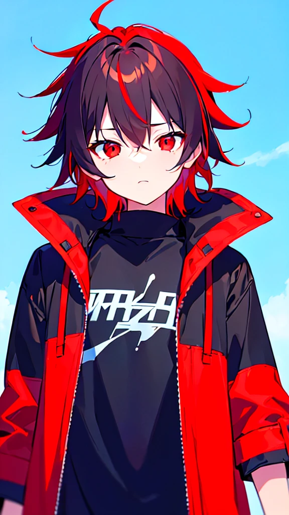 [(BLUE BACKGROUND:1.5),::5], ((((masterpiece)))), high quality, ultra very high resolution, full color, (((solo))), ((little boy)), Red hair, (Black streaked hair), (oriental Red eyes), anime, ((upper body)), Summer clothes, neon light, black parka, 