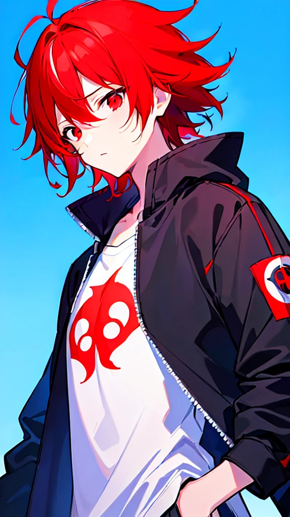 [(BLUE BACKGROUND:1.5),::5], ((((masterpiece)))), high quality, ultra very high resolution, full color, (((solo))), (( boy)), Red hair, (Black streaked hair), (oriental Red eyes), anime, ((upper body)), Summer clothes, neon light, black parka, 