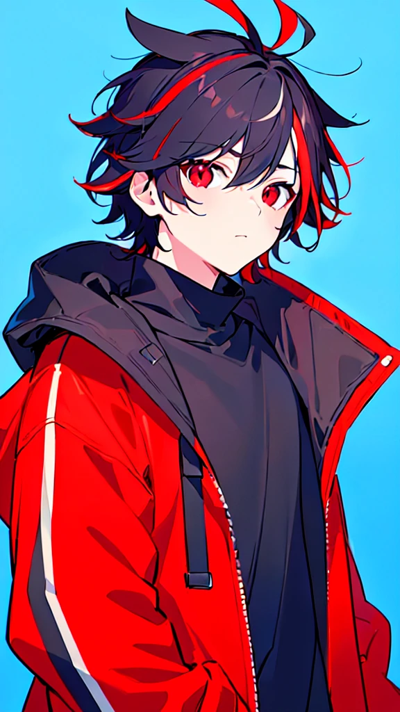 [(BLUE BACKGROUND:1.5),::5], ((((masterpiece)))), high quality, ultra very high resolution, full color, (((solo))), ((little boy)), Red hair, (Black streaked hair), (oriental Red eyes), anime, ((upper body)), Summer clothes, neon light, black parka, 