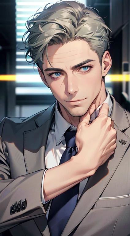 (best quality,4k,8k,highres,masterpiece:1.2),ultra-detailed,(realistic,photorealistic,photo-realistic:1.37),1 man,31 years old,mature man,very handsome,without expression,smile,short grey green hair,blue eyes,penetrating gaze,perfect face without errors,imposing posture,businessman,office background,cinematic lighting,hdr image