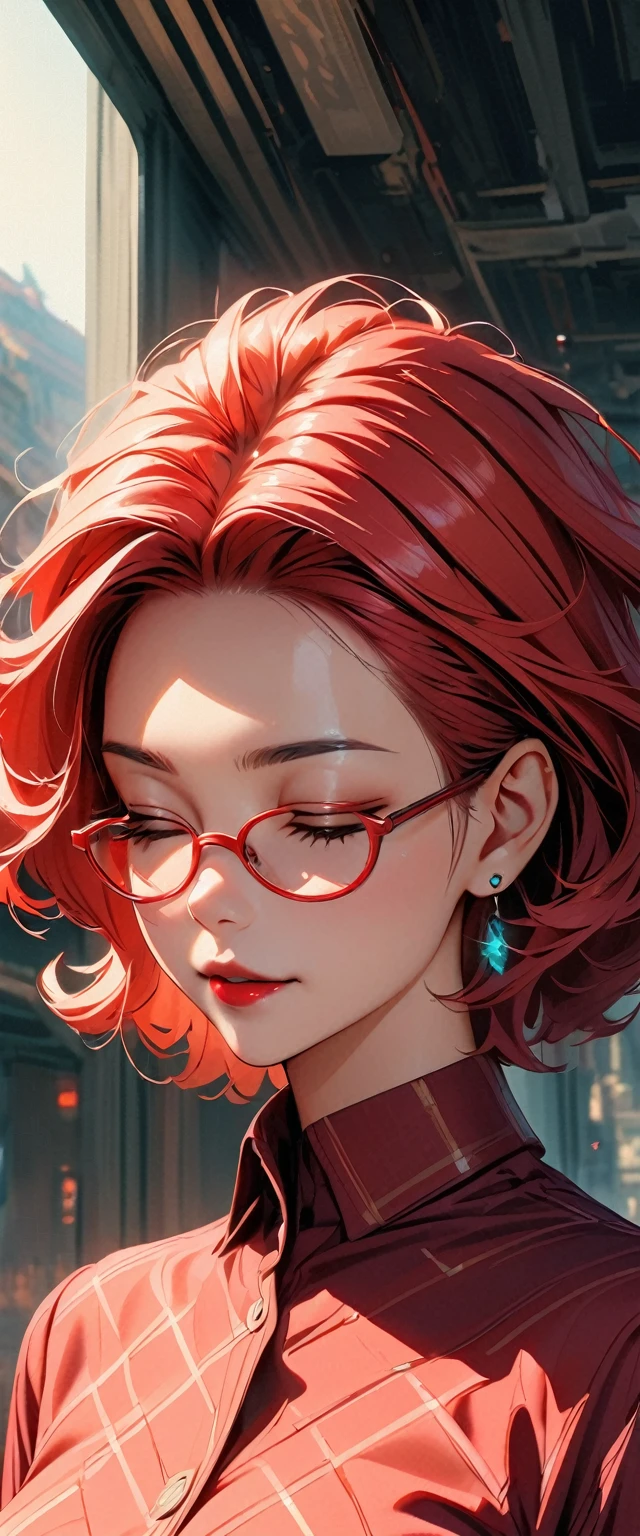 slightly curled hair, red narrow rim glasses, Small spots under the corners of the mouth, / Note Lilac Earrings, Mouth slightly closed, Red lips, Surrealism, Attention to detail, Strong chiaroscuro, Film Grain, Panorama, Ultra-high resolution, Accurate, Textured skin.