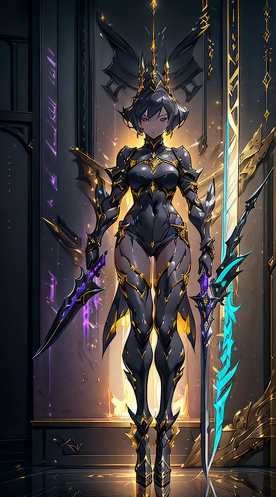 Design a layout showcase Gaming character, ((1girl)), assasin:1.4, Golden+Purple clothes, Black_Desert_style, stylish and unique, ((showcase weapon:1.4)), magic staff, (masterpiece:1.2), (best quality), 4k, ultra-detailed, (Step by step design, layout art:1.5), (luminous lighting, atmospheric lighting), Final Fantasy style, magican, ((glove full hands)), fran, viera, (((revealing clothes:1.3))), vambraces, armored legwear, (((full_body_shot:1.4))), Niji, back_view, T_pose