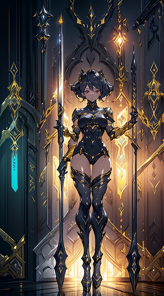 Design a layout showcase Gaming character, ((1girl)), assasin:1.4, Golden+Purple clothes, Black_Desert_style, stylish and unique, ((showcase weapon:1.4)), magic staff, (masterpiece:1.2), (best quality), 4k, ultra-detailed, (Step by step design, layout art:1.5), (luminous lighting, atmospheric lighting), Final Fantasy style, magican, ((glove full hands)), fran, viera, (((revealing clothes:1.3))), vambraces, armored legwear, (((full_body_shot:1.4))), Niji, back_view, T_pose
