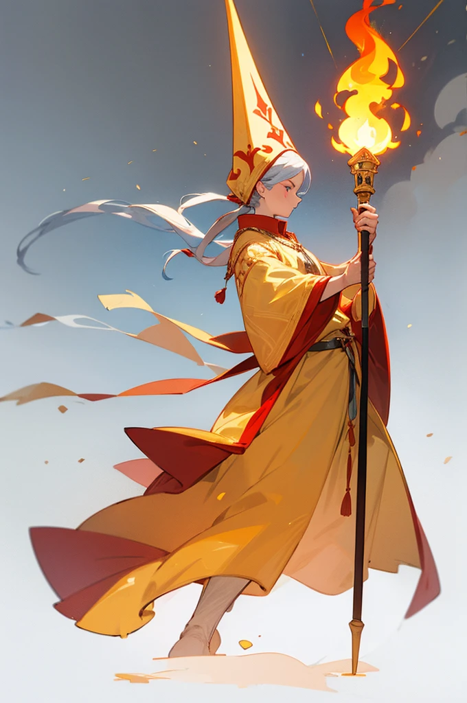 concept, [fire staff], medieval, wood staff, long torch, white background, A fire dancer's staff