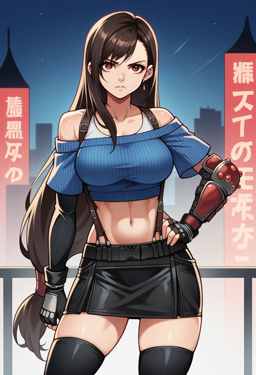 perfect eyes:1.2, detailed eyes:1.4, serious, hand on hip, night, city, metTifa, red eyes, low-tied long hair, earrings, cropped sweater, blue sweater, off-shoulder, midriff, short sleeves, suspender skirt, elbow gloves, fingerless gloves, armored legwear, medium full shot, thigh-level shot, 1girl,(masterpiece:1.6, best quality),
