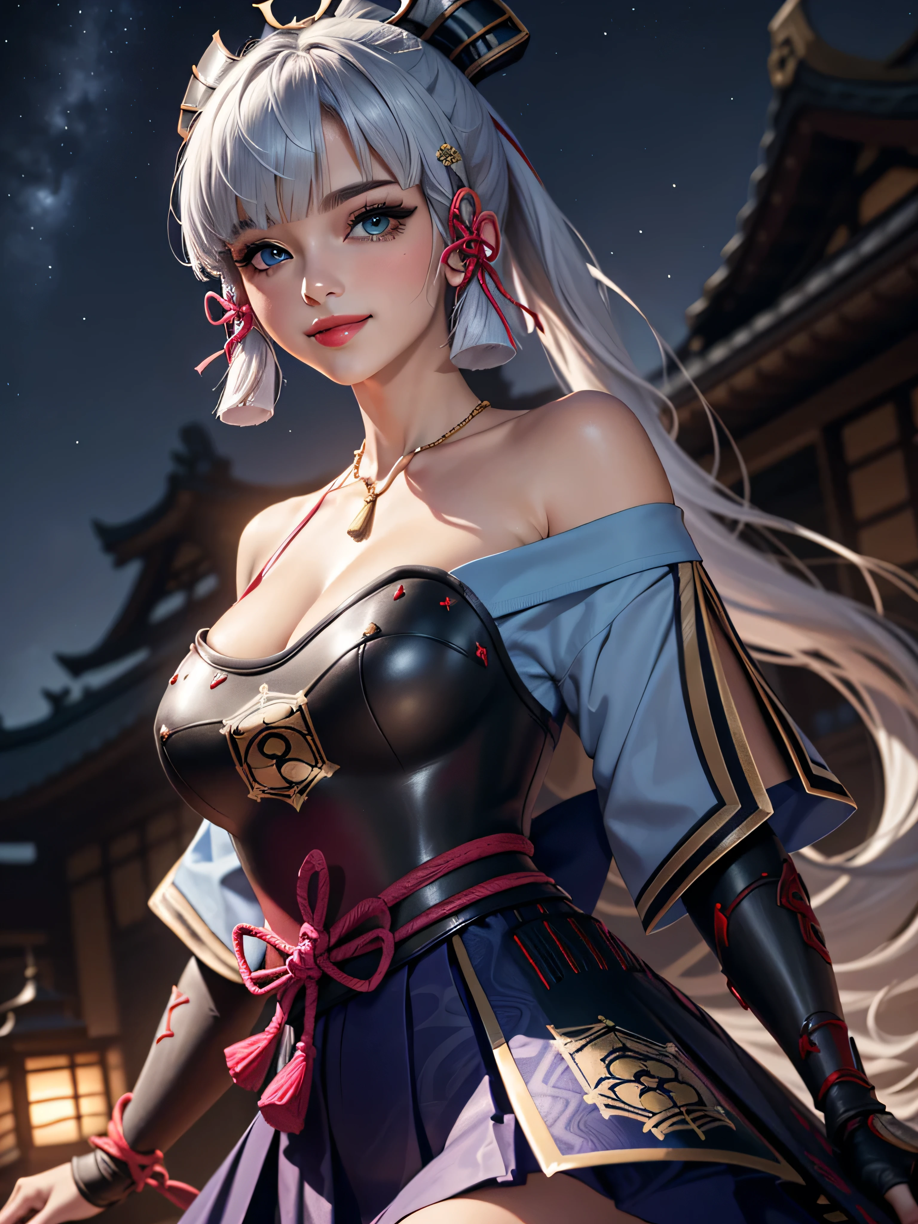 ((masterpiece)),(bestquality),((ultra-detailed)), ((beautiful detailed sky)), ((cinematic lighting)), depth of field, (dynamic angle),detailed lighting,((beautiful detailed eyes)), (night sky view), red lip, smile,eyeshadow,large breast, cleavage, ((bare arm, short skirt , off shoulders, sexy)), ((kamisatoayakadef))