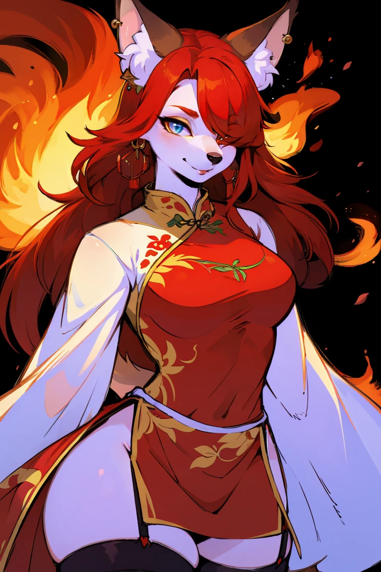 Wolf_girl,Beautiful figure,Height 193 cm,Fire Spirit Portrait, Long flowing red hair, Eye闪着红光,close_up, (Fiery red Chinese cheongsam:1.2),淡淡的Smile, Mature body,masterpiece,best quality,Official Art,illustration,Clear lines,(Cool_color),Perfect composition,ridiculous,fantasy,detailed_Eye,charming_ear,Wolf_ear,leggings,Fluffy_fur,earrings,Upper Body,garter,颈garter,(perfect detailed Eye:1.5),Jewelry, blank Eye,brooch,Smile,(front:1.5),(Hair:1.5),Long eyelashes,Flowing Chiffon,Well-proportioned body,(Thick thighs:1.1),Perfectly detailed facial features,(perfect detailed Eye:1.5),masterpiece, best quality, Ultra-high quality, ridiculous细节,(best quality,4K,8K,high resolution,masterpiece:1.2),ultra-detailed