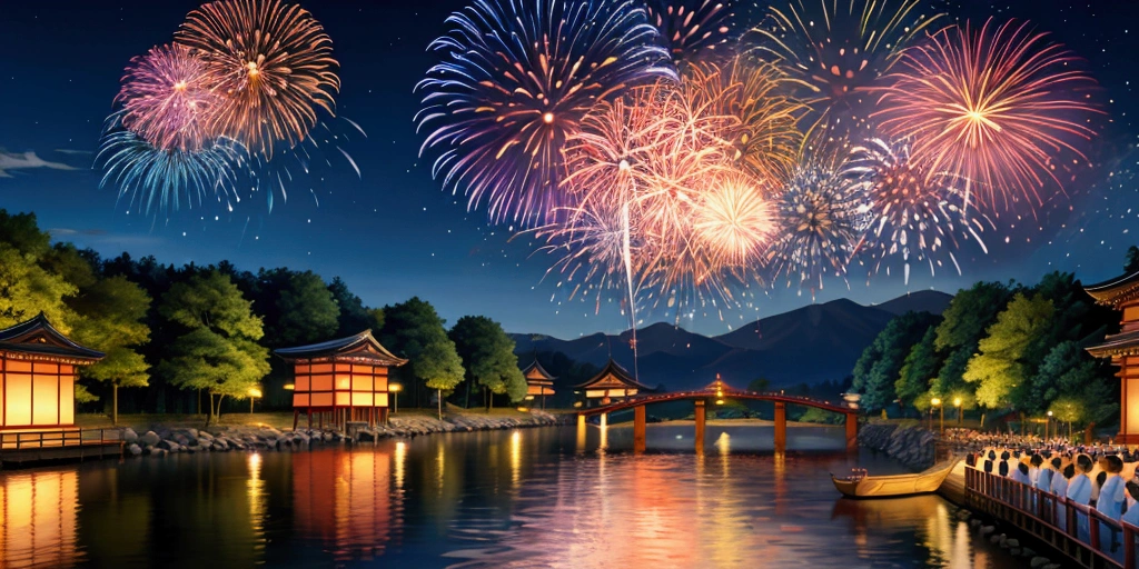 Summer festival、Japan、Fireworks on the riverbank、Simple picture、Fireworks main picture、Landscape