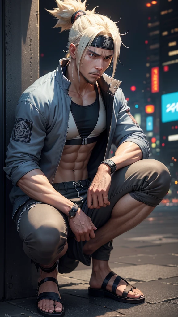 In the manga series "NARUTO" a man named "Sikamaru" with his distinctive hairstyle tied back, squats and holds a suriken. The character wears a gray jacket with rolled up sleeves, a mesh undershirt, and dark pants. There are blue details on the jacket, including the circular Konaha symbol on the left sleeve. The shoes worn are similar to open-toed sandals. with 4k HDR quality, with a cyberpunk city background,,
