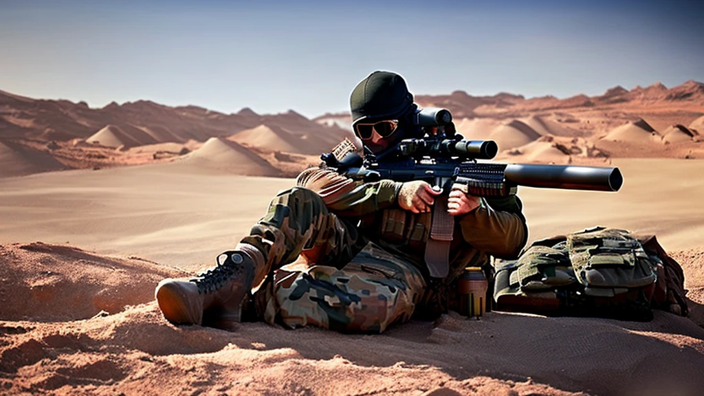 a sniper in camouflage clothing lying in wait on a desert hill, detailed tactical gear, hidden in the sand, rifle aimed at the target, rugged terrain, dramatic lighting, cinematic composition, realistic military aesthetic, dusty hues, gritty realism, (best quality,4k,8k,highres,masterpiece:1.2),ultra-detailed,(realistic,photorealistic,photo-realistic:1.37)