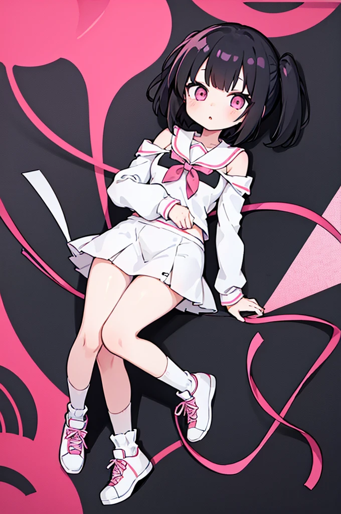 1girl, anime girl, black hair, short hair, short twintail, pink eyes, white outfit, short skirt, shoes, white sock, long sock, full body, blank background
