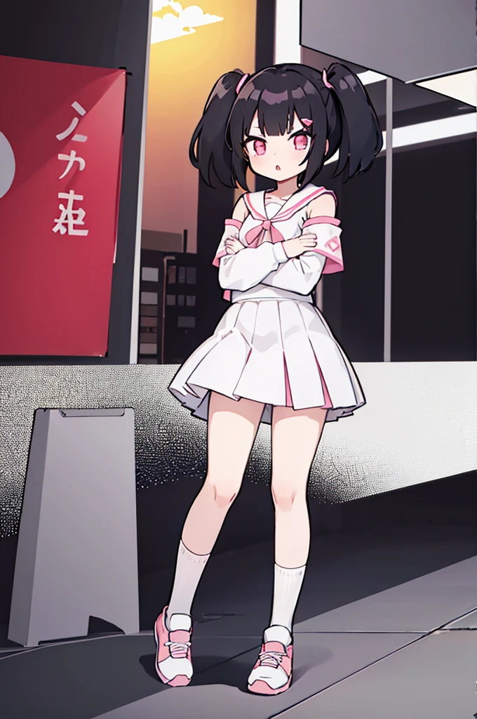 1girl, anime girl, black hair, short hair, short twintail, pink eyes, white outfit, short skirt, shoes, white sock, long sock, full body, blank background
