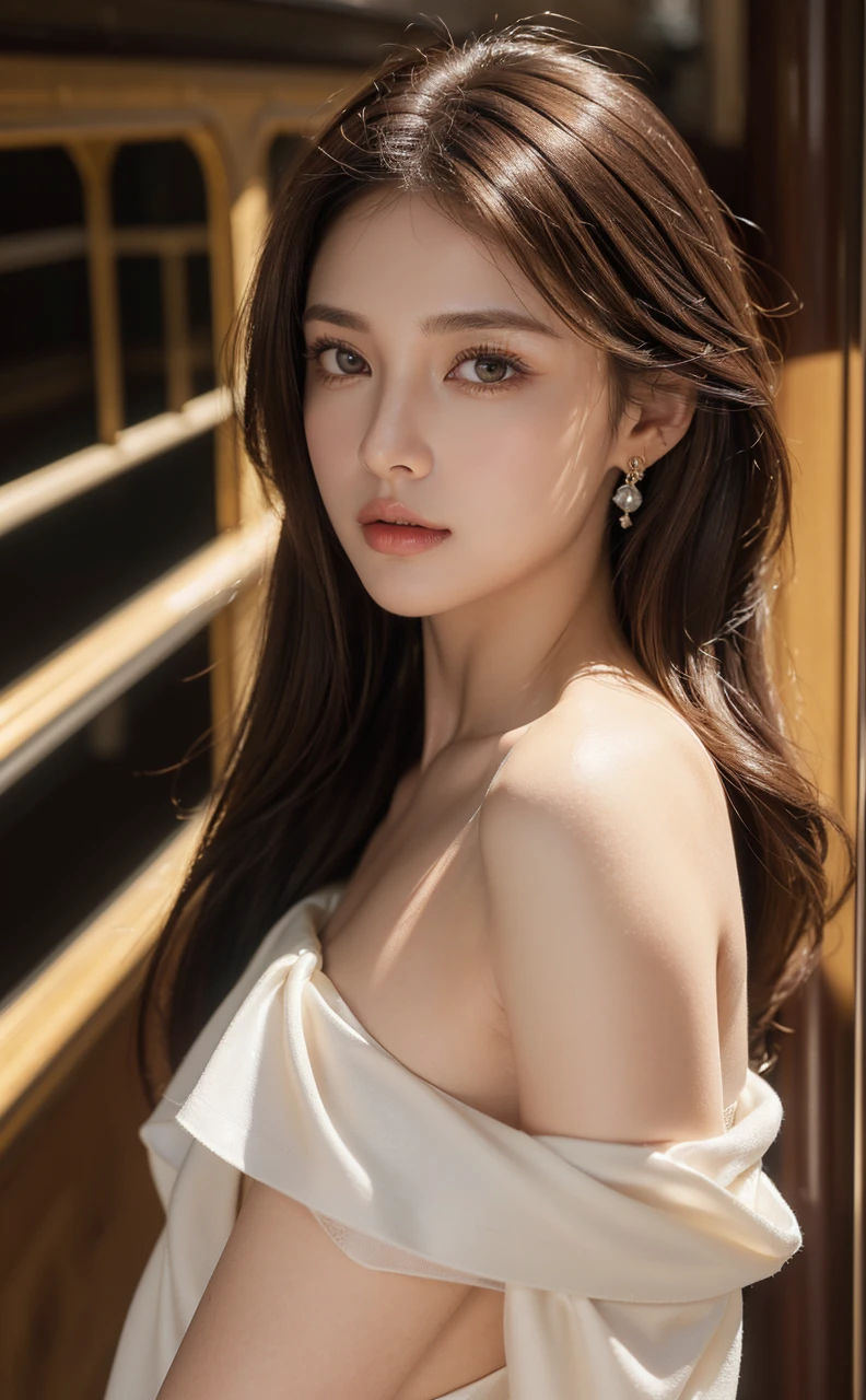 ((Best quality, 8K, masterpiece: 1.3)), full body, clear focus: 1.2, perfect body beauty: 1.4, slim abs: 1.2, (((dark brown hair,: 1.2)), dress dress: 1.1, (railway carriage: 1.1), highly detailed facial and skin texture, exquisite eyes, wearing gem earrings, off-the-shoulder, in the dark, dark, deep shadows, excellent light and shadows, soft lighting, natural light, soft shadows, warm light, side strong lighting, golden or warm hair, natural color, detailed skin texture, reflective earrings, eye gloss, details and reflective hair, warm background tones