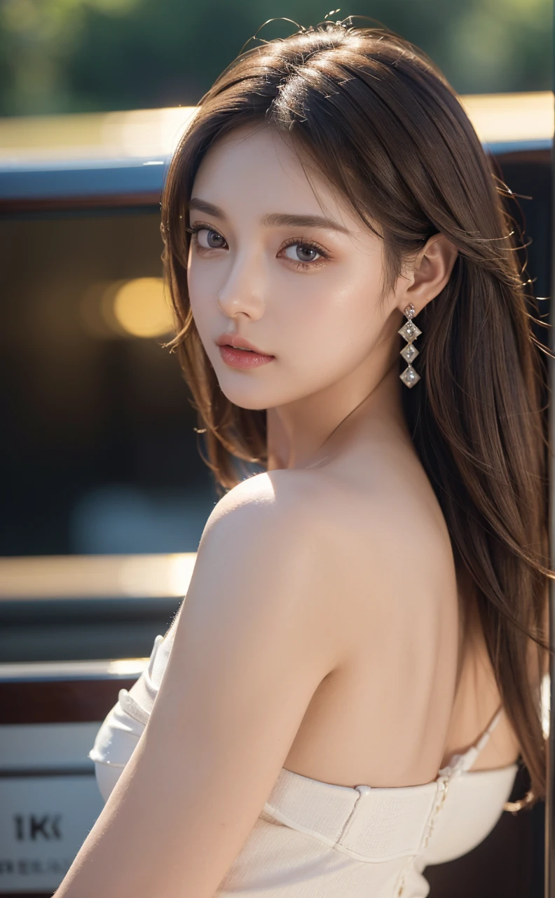 ((Best quality, 8K, masterpiece: 1.3)), full body, clear focus: 1.2, perfect body beauty: 1.4, slim abs: 1.2, (((dark brown hair,: 1.2)), dress dress: 1.1, (railway carriage: 1.1), highly detailed facial and skin texture, exquisite eyes, wearing gem earrings, off-the-shoulder, in the dark, dark, deep shadows, excellent light and shadows, soft lighting, natural light, soft shadows, warm light, side strong lighting, golden or warm hair, natural color, detailed skin texture, reflective earrings, eye gloss, details and reflective hair, warm background tones