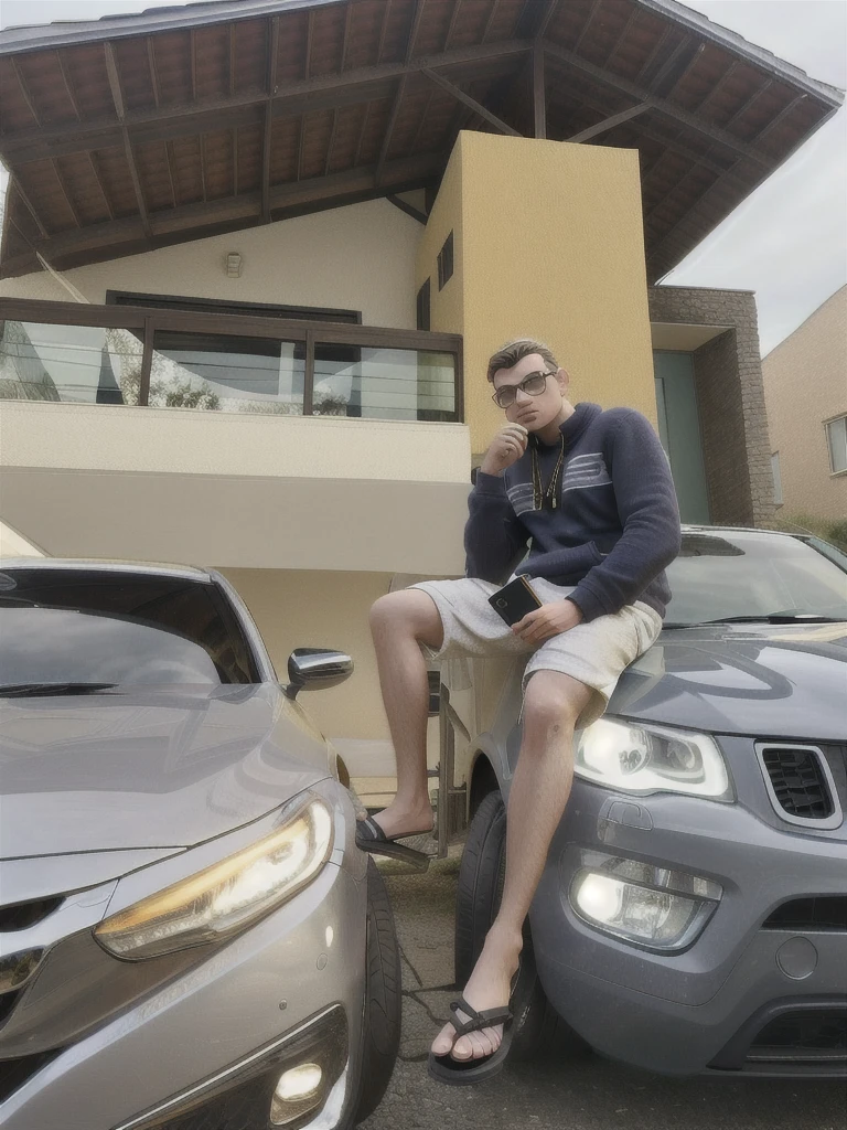 White man sitting in a car, with another car on the side, holding a cell phone, wearing a sweatshirt, wearing a gold chain, wearing glasses and flip-flops. It is in front of a beautiful house.
