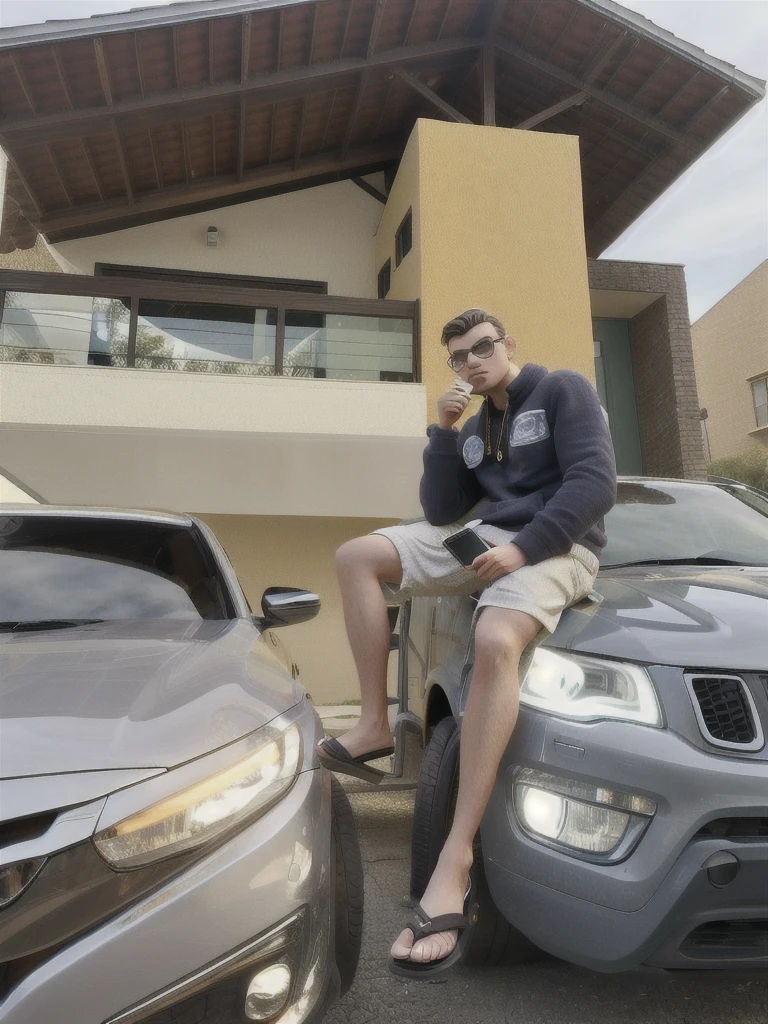 White man sitting in a car, with another car on the side, holding a cell phone, wearing a sweatshirt, wearing a gold chain, wearing glasses and flip-flops. It is in front of a beautiful house.