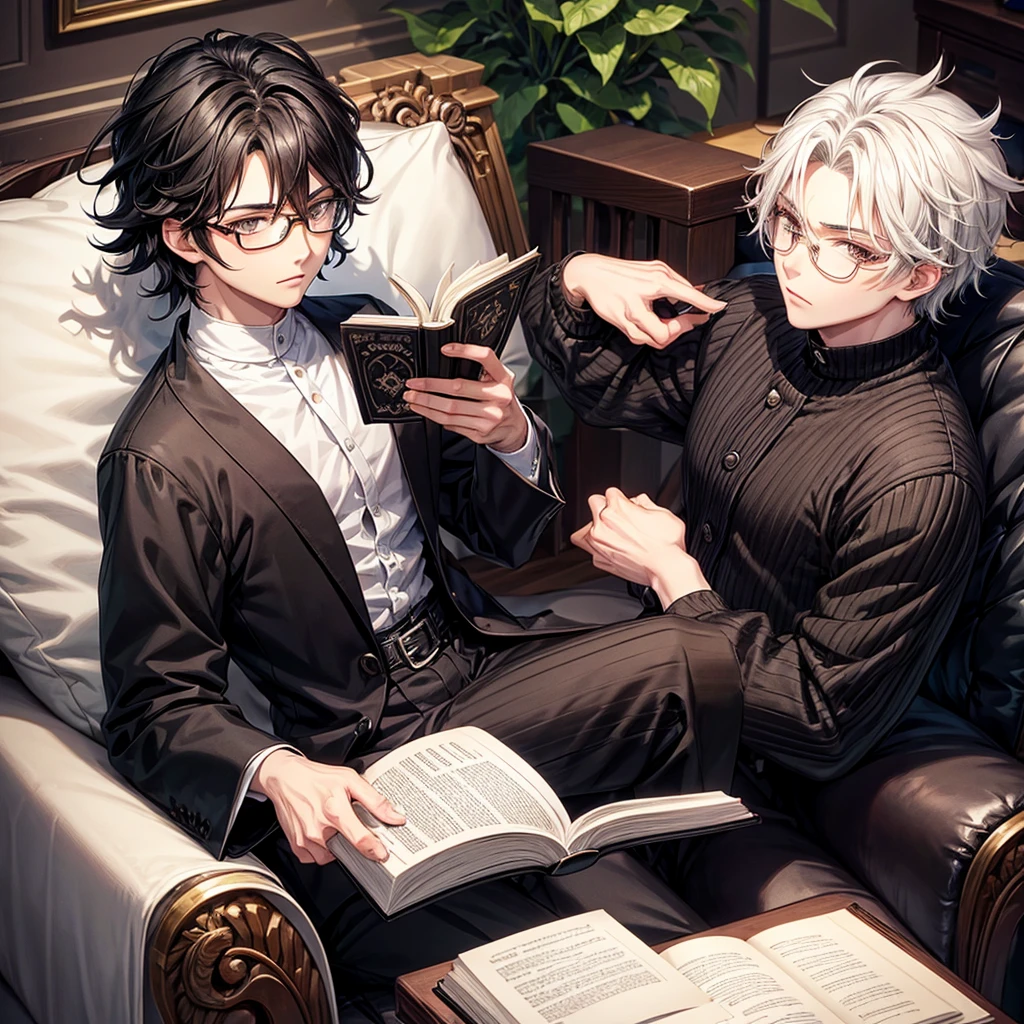 Anime style boy with black wavy hair wolf cut, dark brown almond eyes, white complexion and with black glasses sitting in an armchair and reading a book