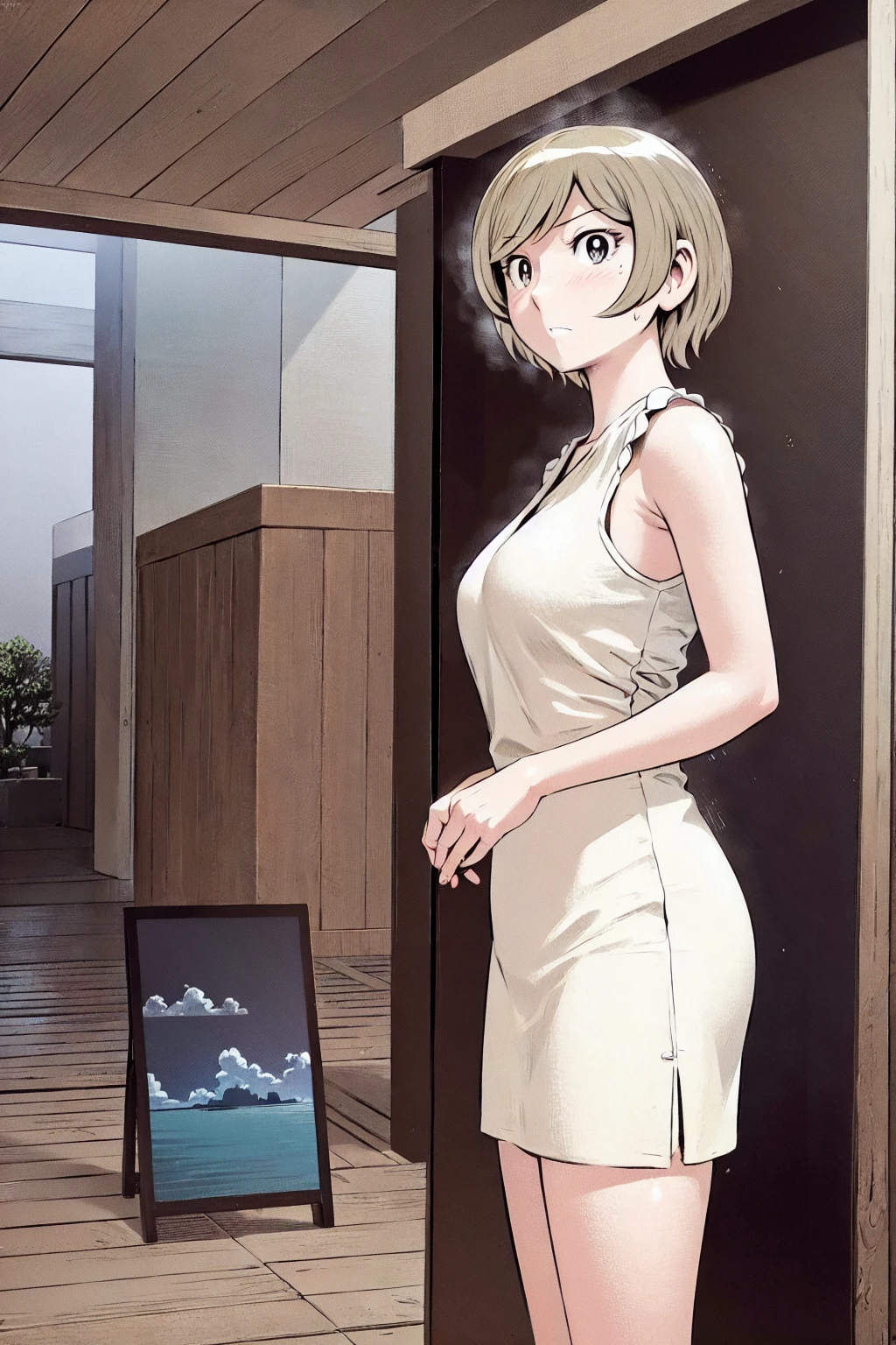 、(masterpiece、Highest quality)、Highest quality, Ultra-high resolution, (((masterpiece))), alone, Sweat、Big eyes, Sleeveless、Outdoor、Floral Dress、Composition from the front、(後ろCut your hair short、short hair、blonde、woman)、Shortcuts、Embarrassed face、Cut your hair short、可愛いwomanの子、Big Breasts、Browsing Caution
