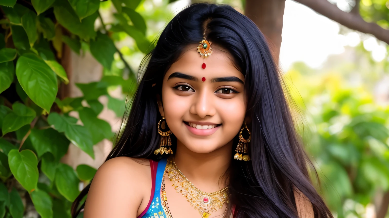beautiful cute young attractive indian teenage girl, village girl, 18 years old, cute, Instagram model, long black_hair, colorful hair, indian, huge big breasts, little smiling, smooth face very realistic