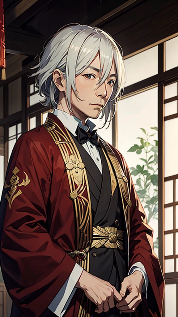 A historical portrait of Eiichi Shibusawa with a subtle blend of traditional Japanese and historical elements in the background, creating an engaging and intriguing introduction."
