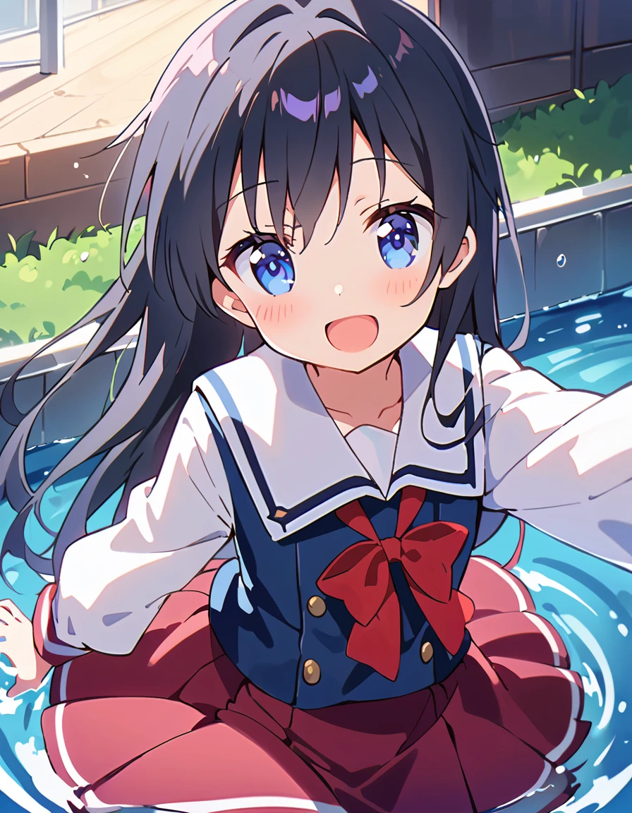 score_9, score_8_up, score_7_up, source_アニメ, masterpiece, 1girl, watahana, school uniform, blue dress, sailor dress, pinafore dress, white sailor collar,white shirt, red bowtie, long sleeves, flat chest, white pantyhose, loafers, White socks、cowboy shot, looking at viewer, indoors, open mouth, shiny hair, smile, Open your mouth, cuteポーズ, (Completely flooded)、Immersed in water、Transparent pool, Water Play, Primary school students、Skirt fully open、Long wide skirt、cute、blush、Watery eye、Lots of water、Wet、((The skirt spreads over the water surface.))、(Drowning)